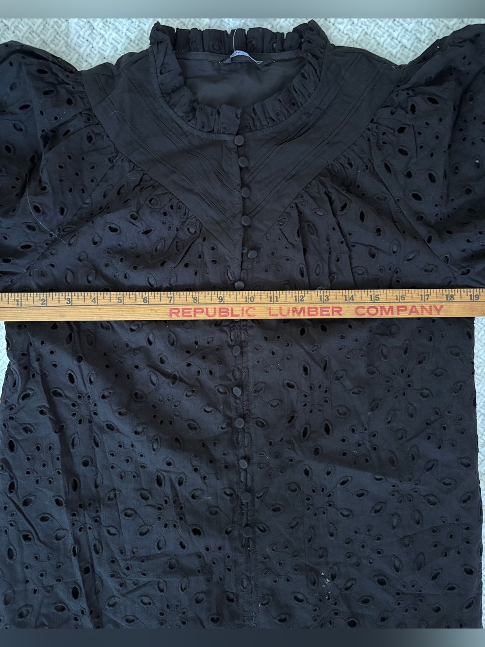 NWT Black Eyelet Top Pretty Garden Puff Sleeve Ruffled Trim Coquette Boho Tag: S - Picture 5 of 8